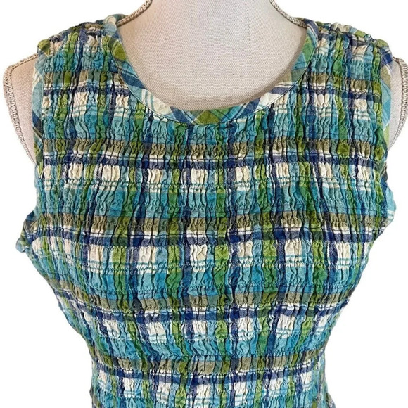 Basic Editions Seersucker Cropped Top XL 90s Plaid Pattern Sleeveless Blue Green - Picture 4 of 8